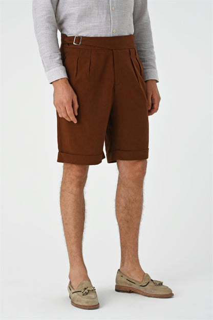 Men's Brown Buckle Detailed Pleated Shorts