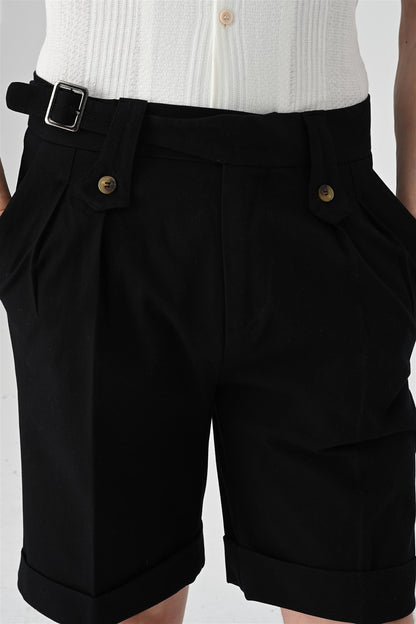Men's Black Buckle Detailed Pleated Shorts