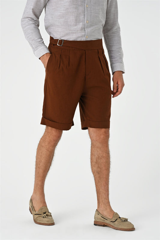 Men's Brown Buckle Detailed Pleated Shorts