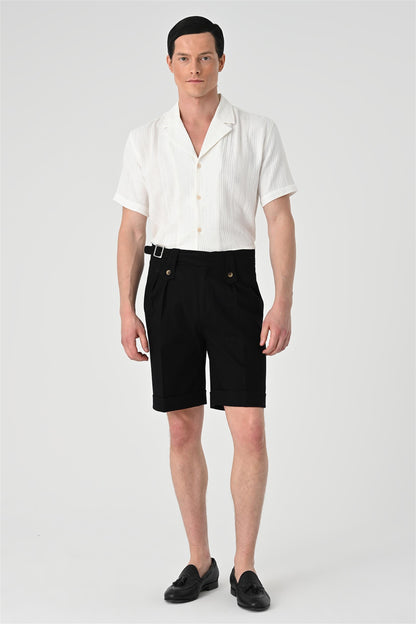 Men's Black Buckle Detailed Pleated Shorts