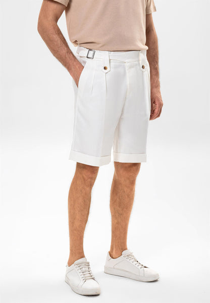 Men's White Buckle Detailed Pleated Shorts