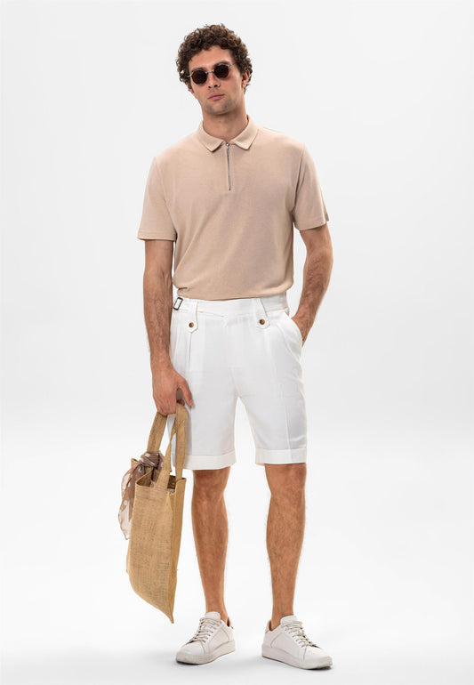 Men's White Buckle Detailed Pleated Shorts