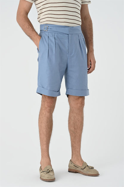 Men's Blue Buckle Detailed Pleated Shorts