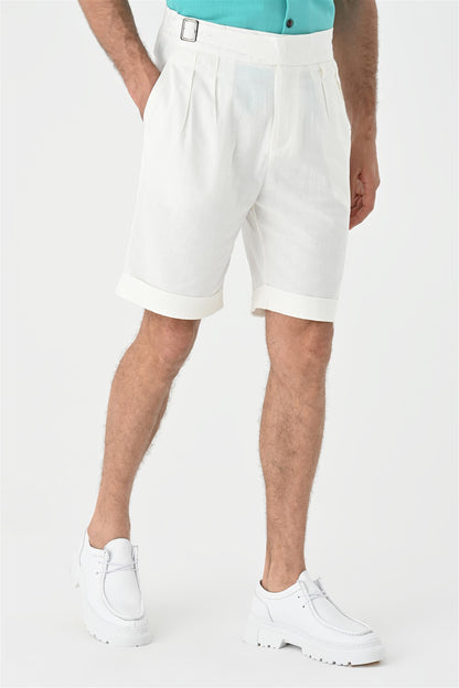 Men's White Buckle Detailed Pleated Shorts