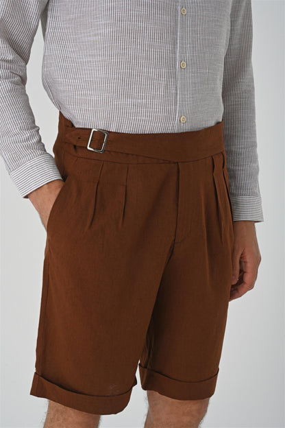 Men's Brown Buckle Detailed Pleated Shorts