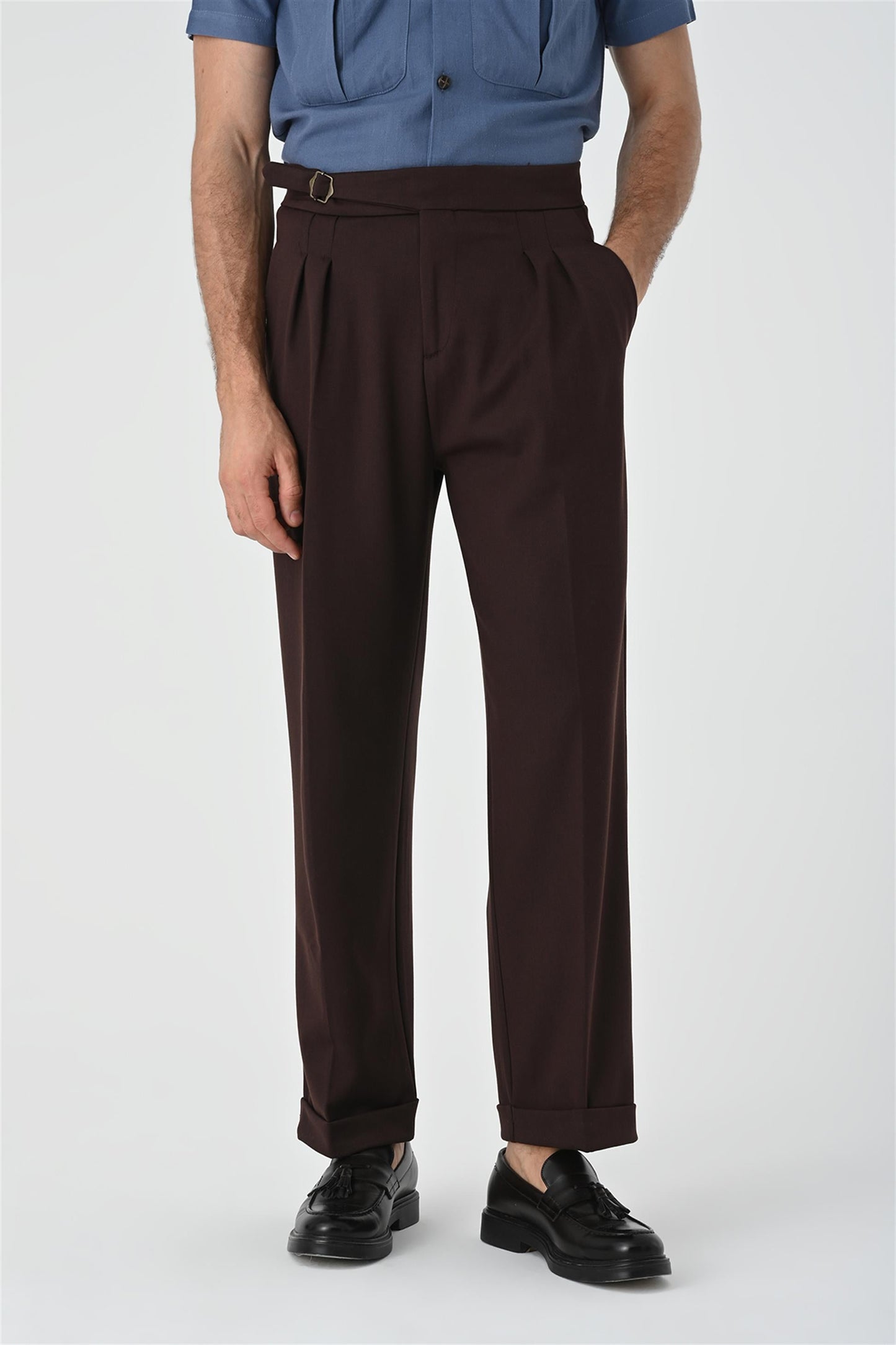 Men's Brown Buckle Detailed Pleated High Waist Trousers