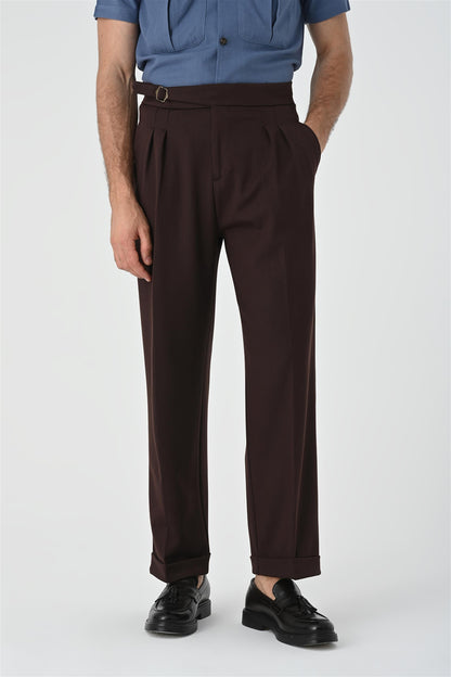Men's Brown Buckle Detailed Pleated High Waist Trousers