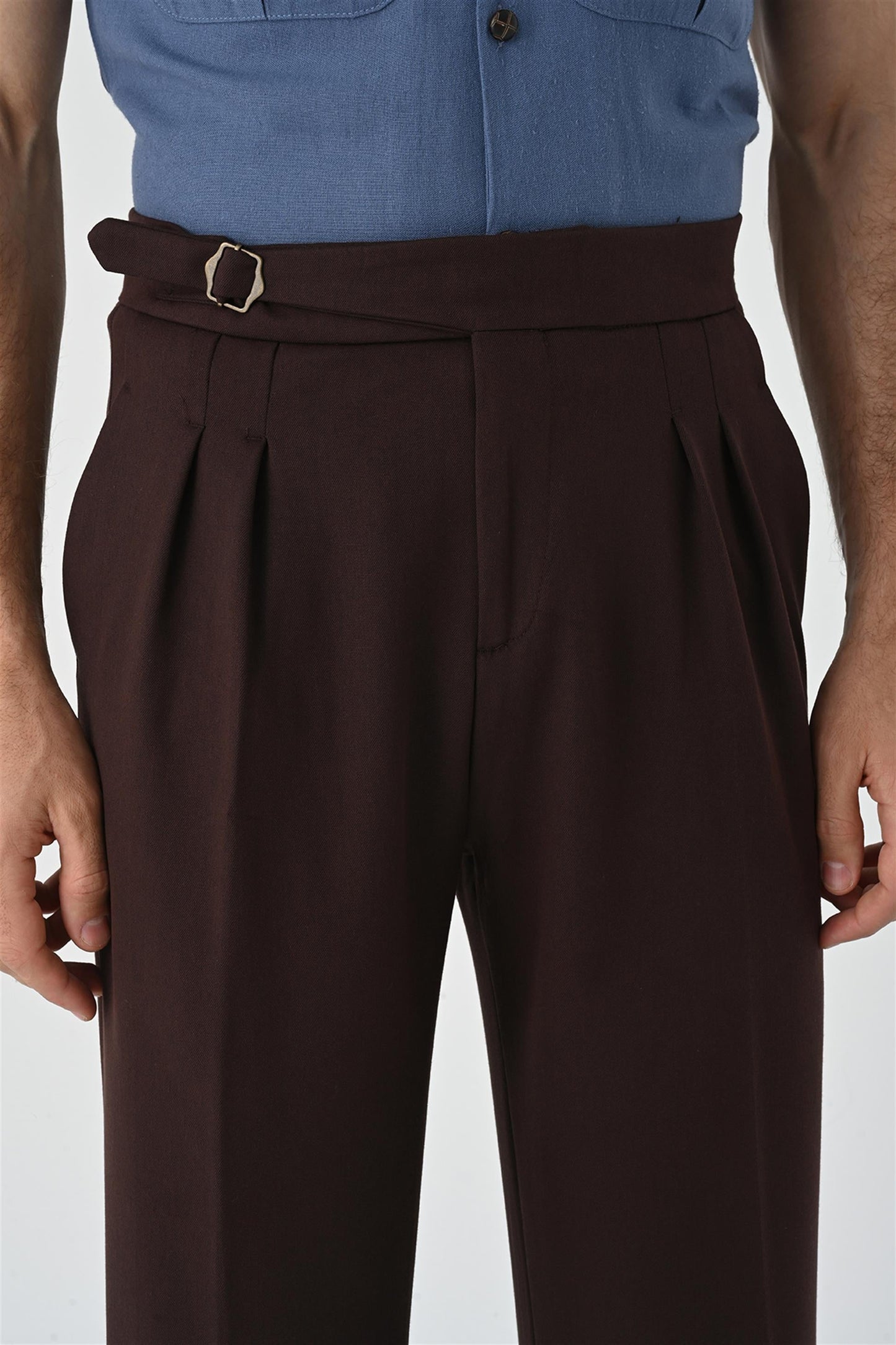 Men's Brown Buckle Detailed Pleated High Waist Trousers