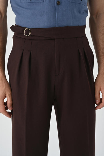 Men's Brown Buckle Detailed Pleated High Waist Trousers
