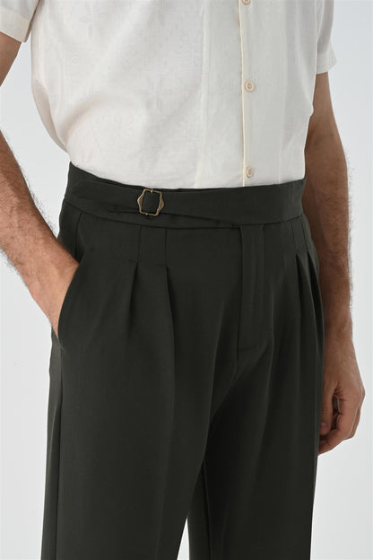 Men's Khaki Buckle Detailed Pleated High Waist Trousers