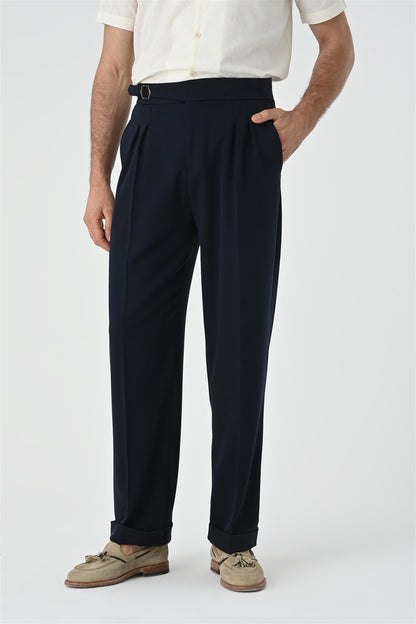 Men's Dark Navy Blue Buckle Detailed Pleated High Waist Trousers