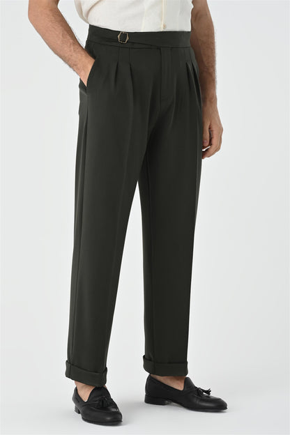 Men's Khaki Buckle Detailed Pleated High Waist Trousers