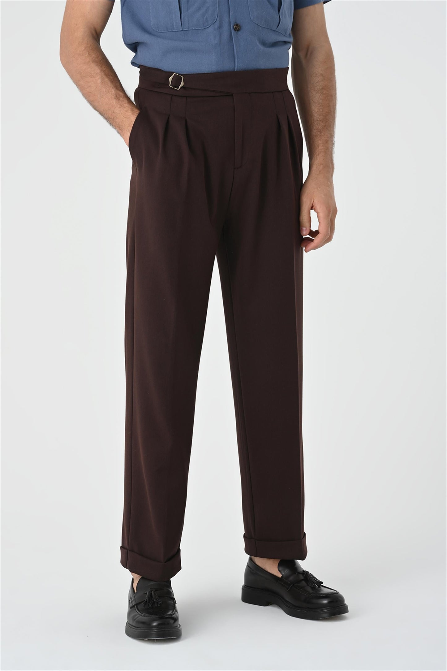 Men's Brown Buckle Detailed Pleated High Waist Trousers