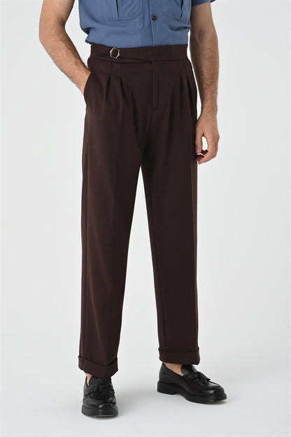 Men's Brown Buckle Detailed Pleated High Waist Trousers