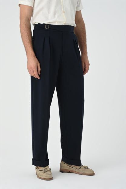 Men's Dark Navy Blue Buckle Detailed Pleated High Waist Trousers
