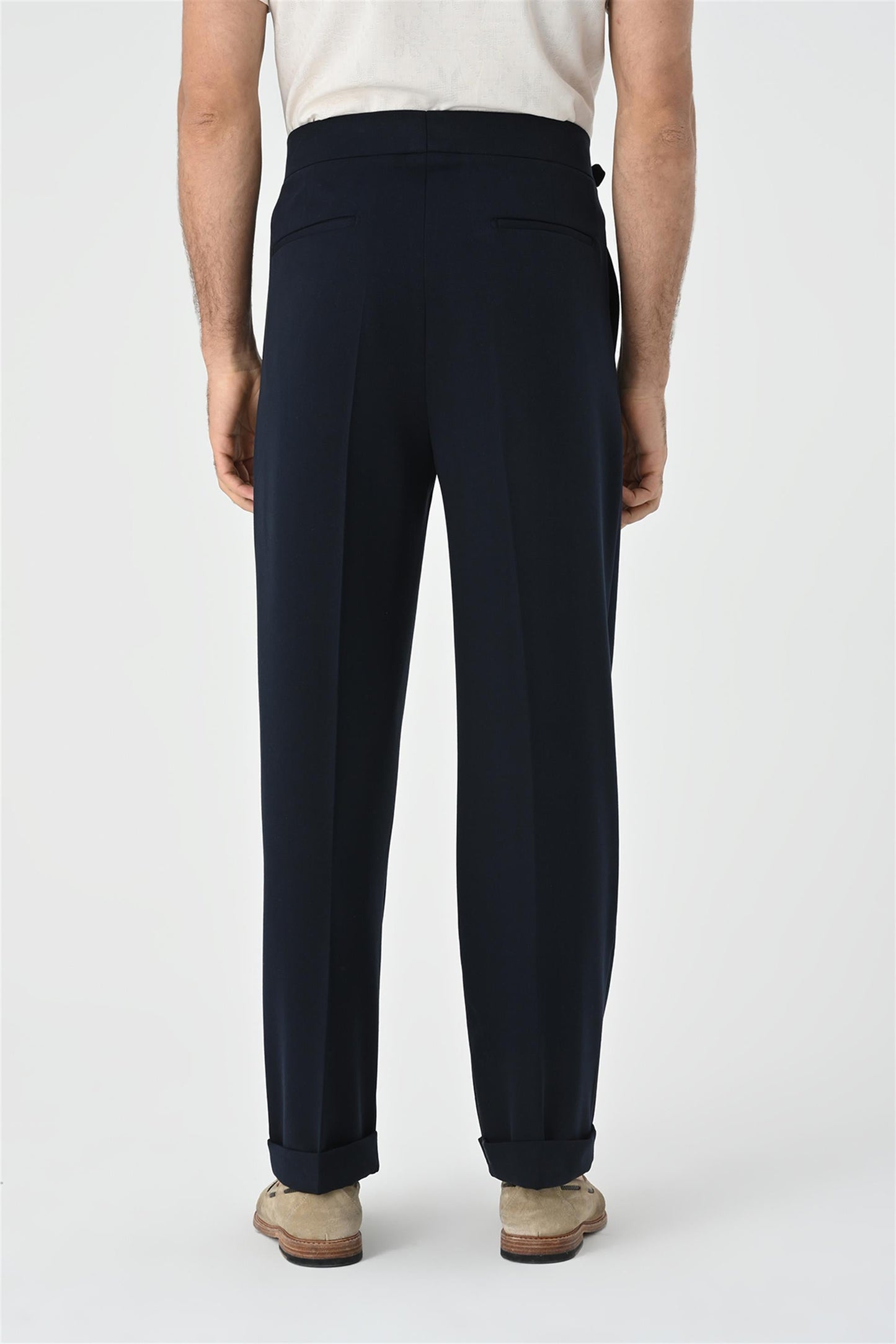 Men's Dark Navy Blue Buckle Detailed Pleated High Waist Trousers