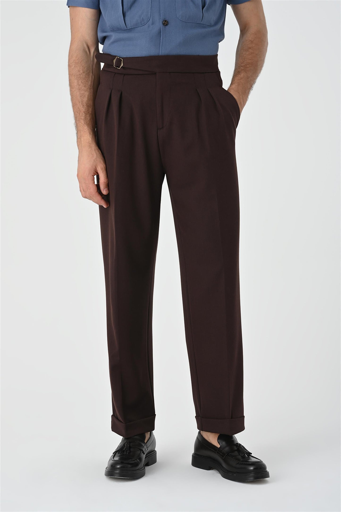 Men's Brown Buckle Detailed Pleated High Waist Trousers