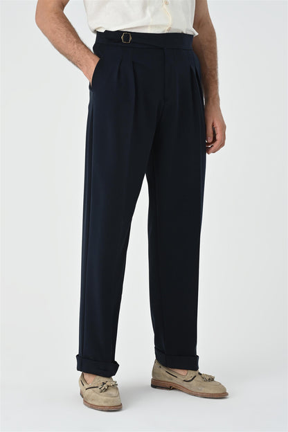 Men's Dark Navy Blue Buckle Detailed Pleated High Waist Trousers