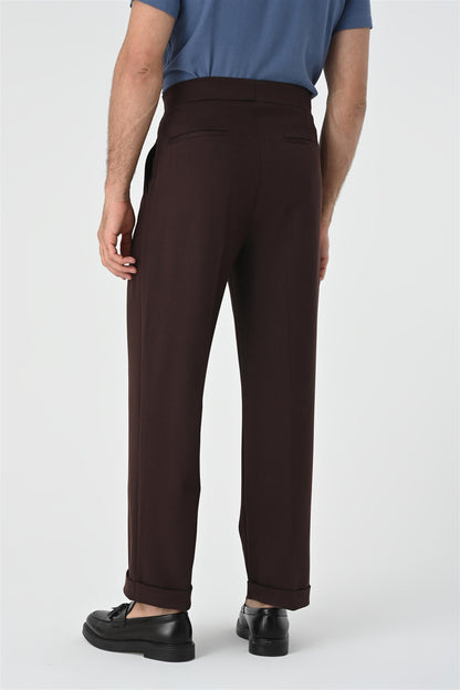 Men's Brown Buckle Detailed Pleated High Waist Trousers