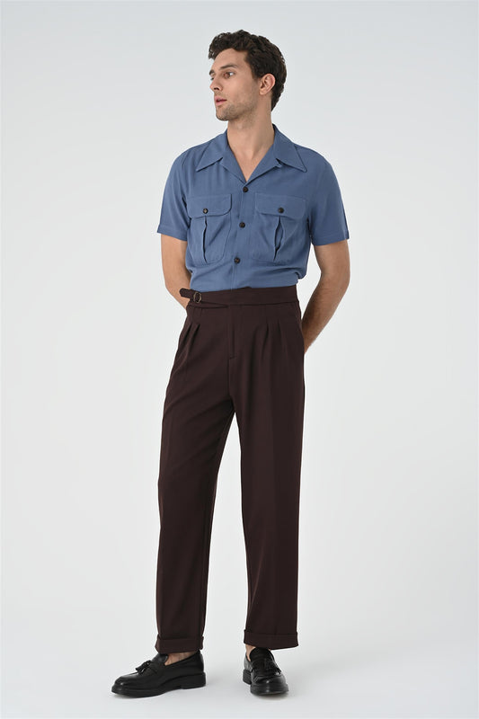 Men's Brown Buckle Detailed Pleated High Waist Trousers