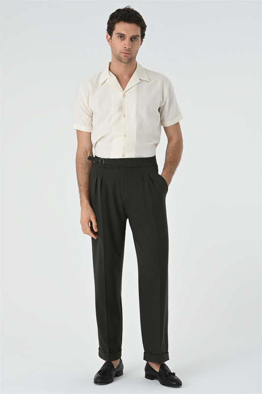 Men's Khaki Buckle Detailed Pleated High Waist Trousers
