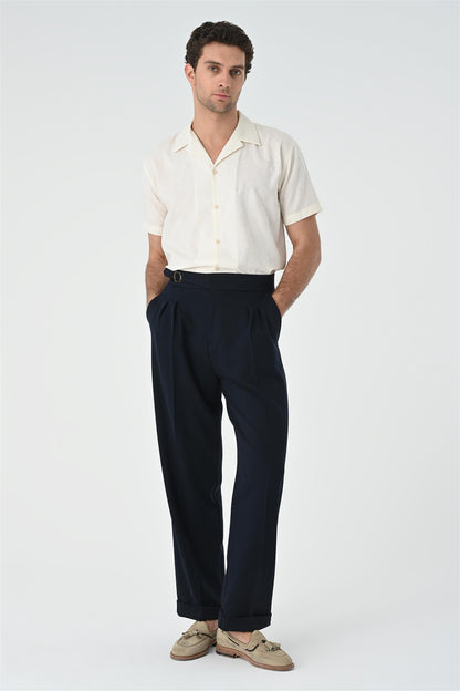 Men's Dark Navy Blue Buckle Detailed Pleated High Waist Trousers