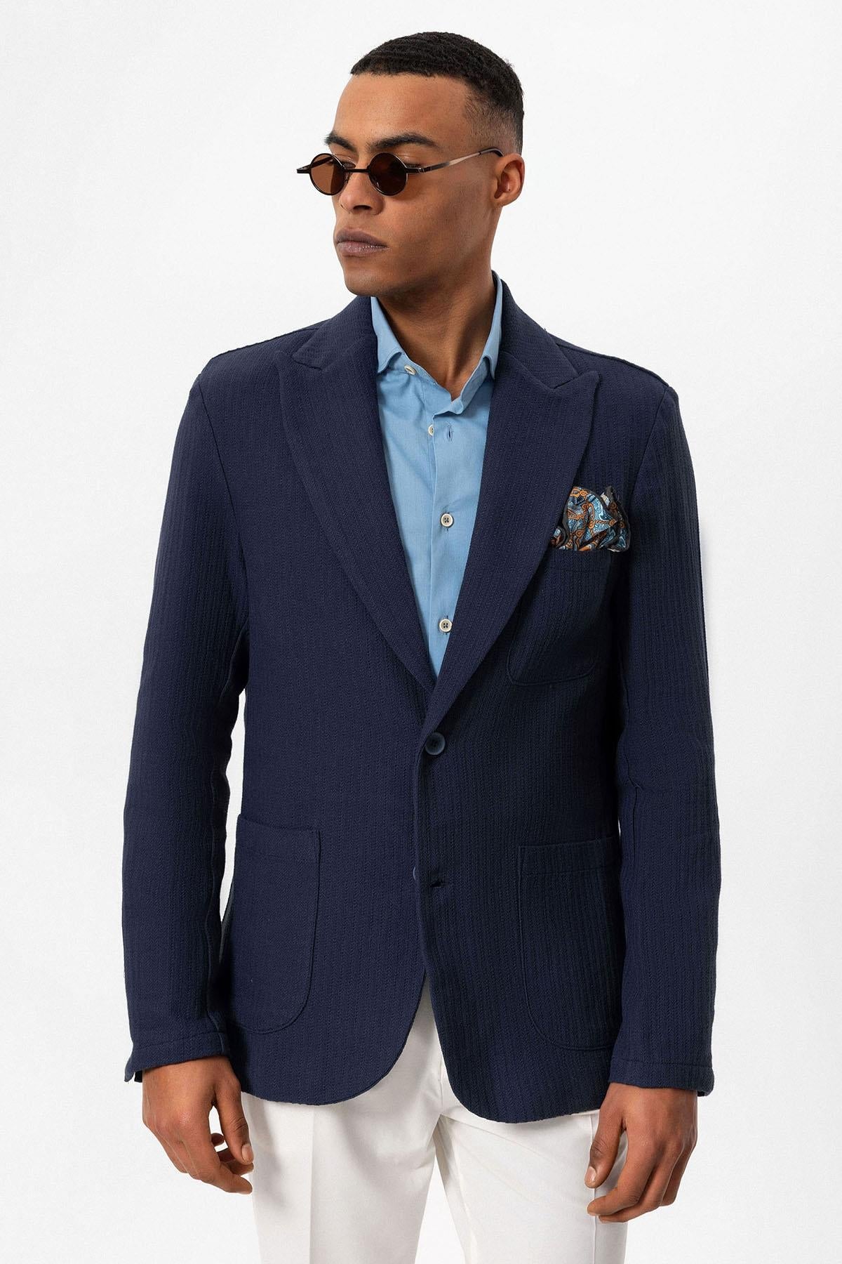 KOALA SYDNEY Men's Navy Blue Pocketed Plain Blazer Jacket