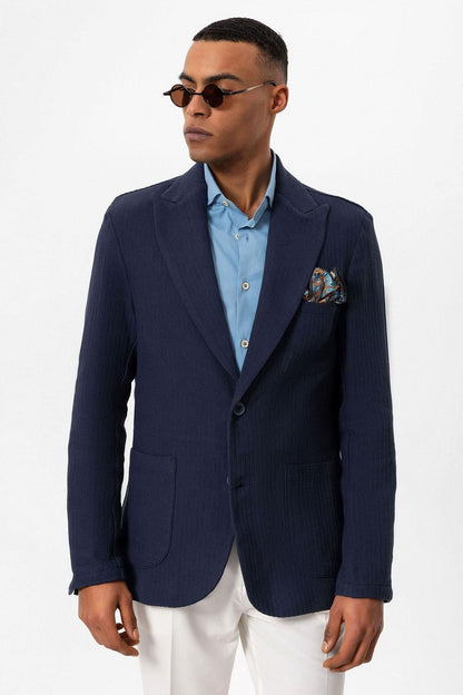 KOALA SYDNEY Men's Navy Blue Pocketed Plain Blazer Jacket