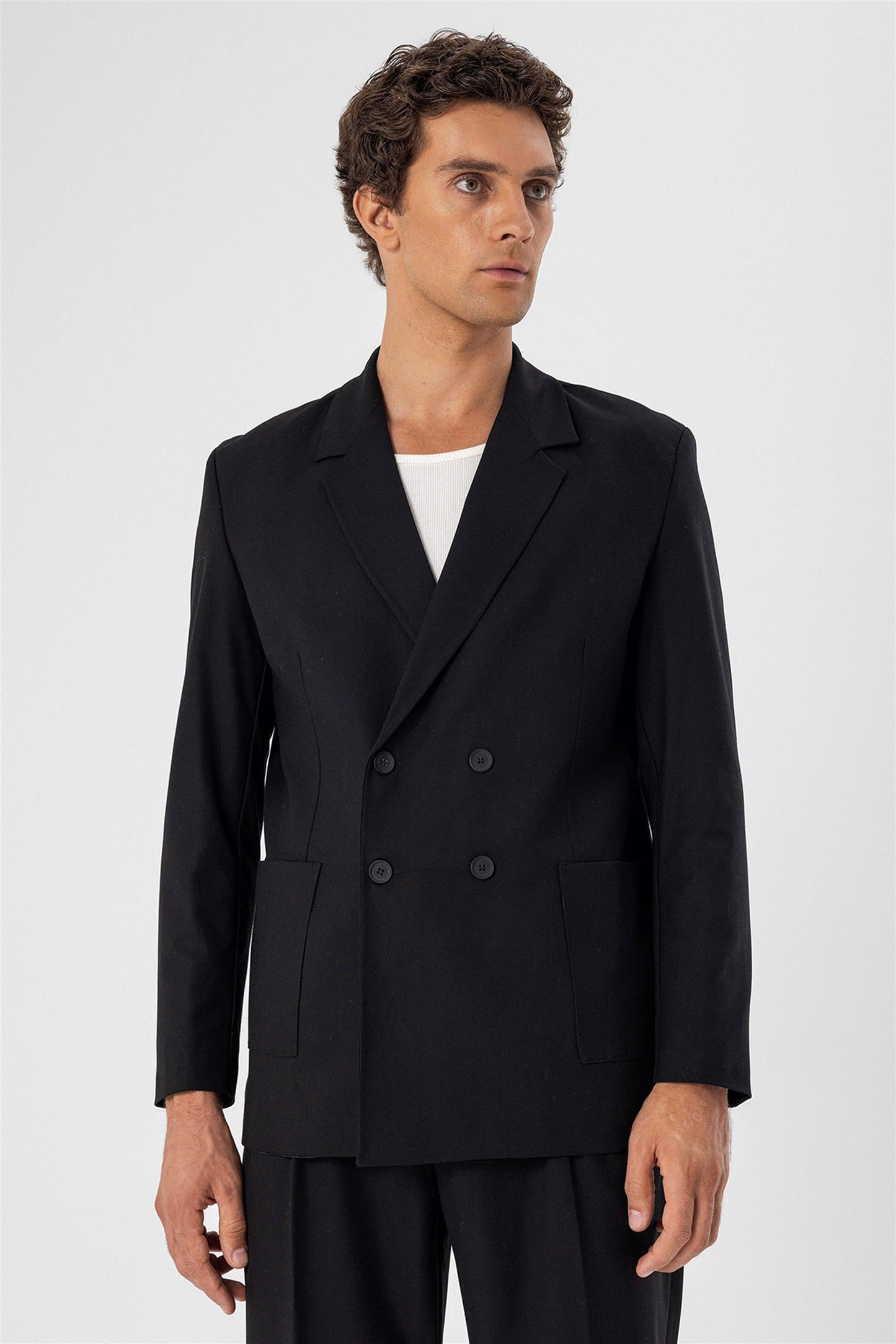 KOALA SYDNEY  Men's Black Double Breasted Blazer Jacket with Bag Pocket -
