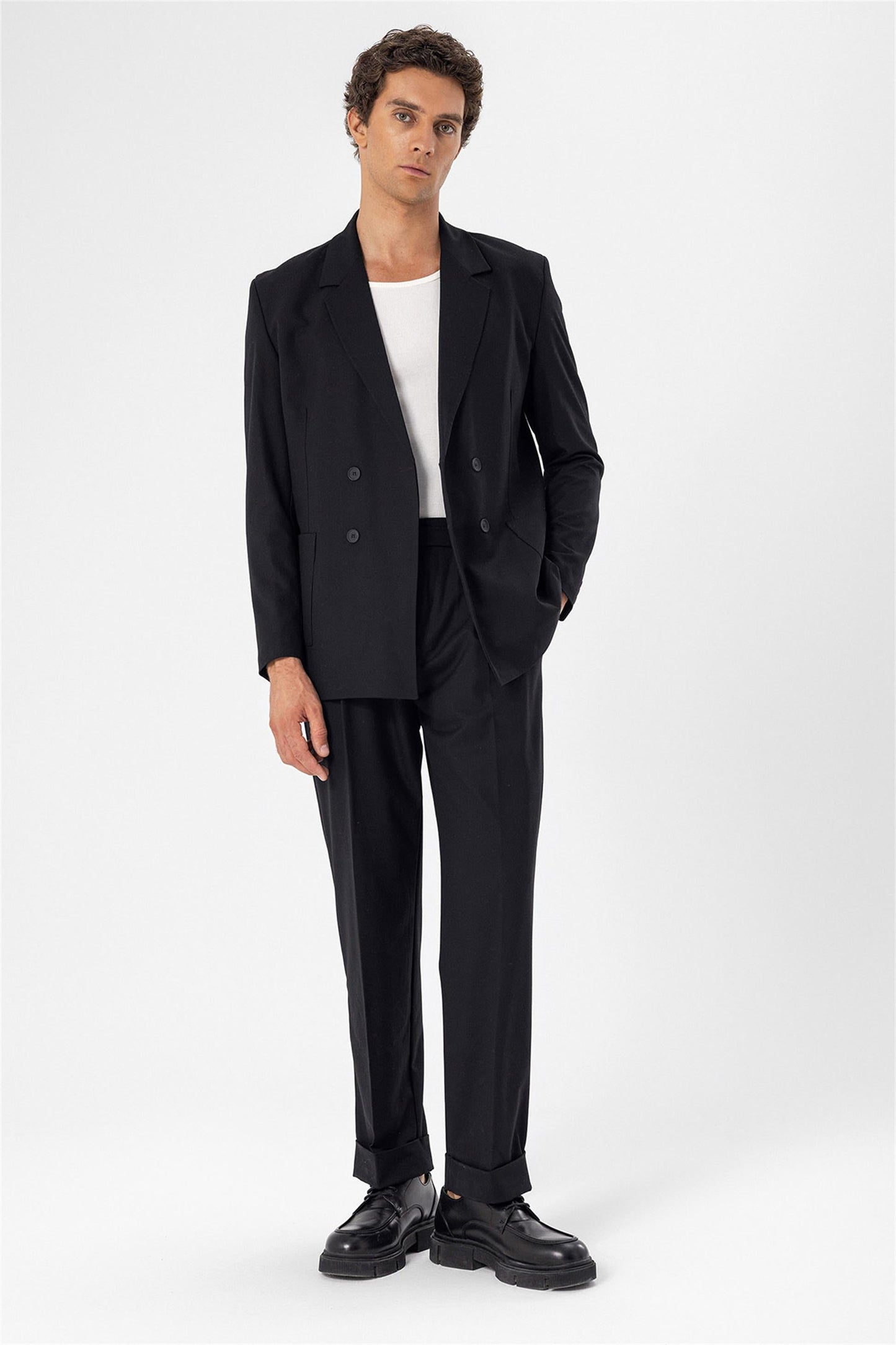 KOALA SYDNEY  Men's Black Double Breasted Blazer Jacket with Bag Pocket -
