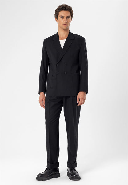 Men's Black Double Breasted Blazer Jacket with Bag Pocket
