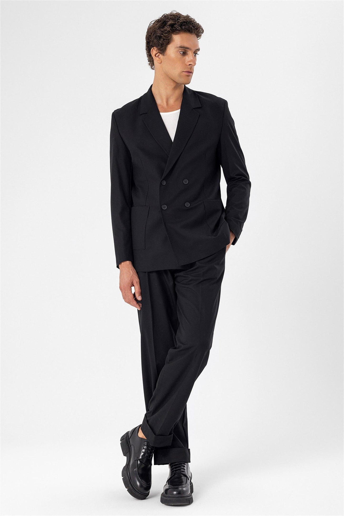 KOALA SYDNEY  Men's Black Double Breasted Blazer Jacket with Bag Pocket -