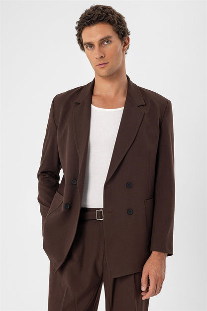 Men's Brown Double Breasted Blazer Jacket with Bag Pocket