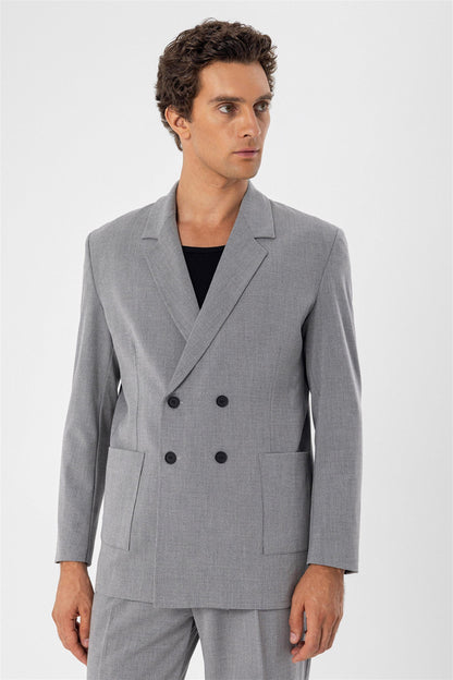 KOALA SYDNEY Men's Grey Double Breasted Blazer Jacket with Bag Pocket