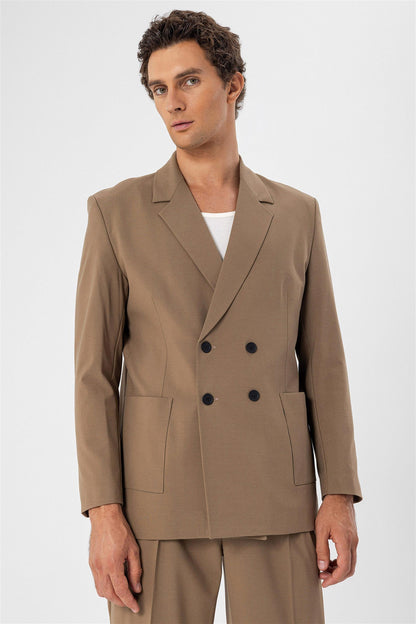 KOALA SYDNEY Men's Camel Double Breasted Blazer Jacket with Bag Pocket