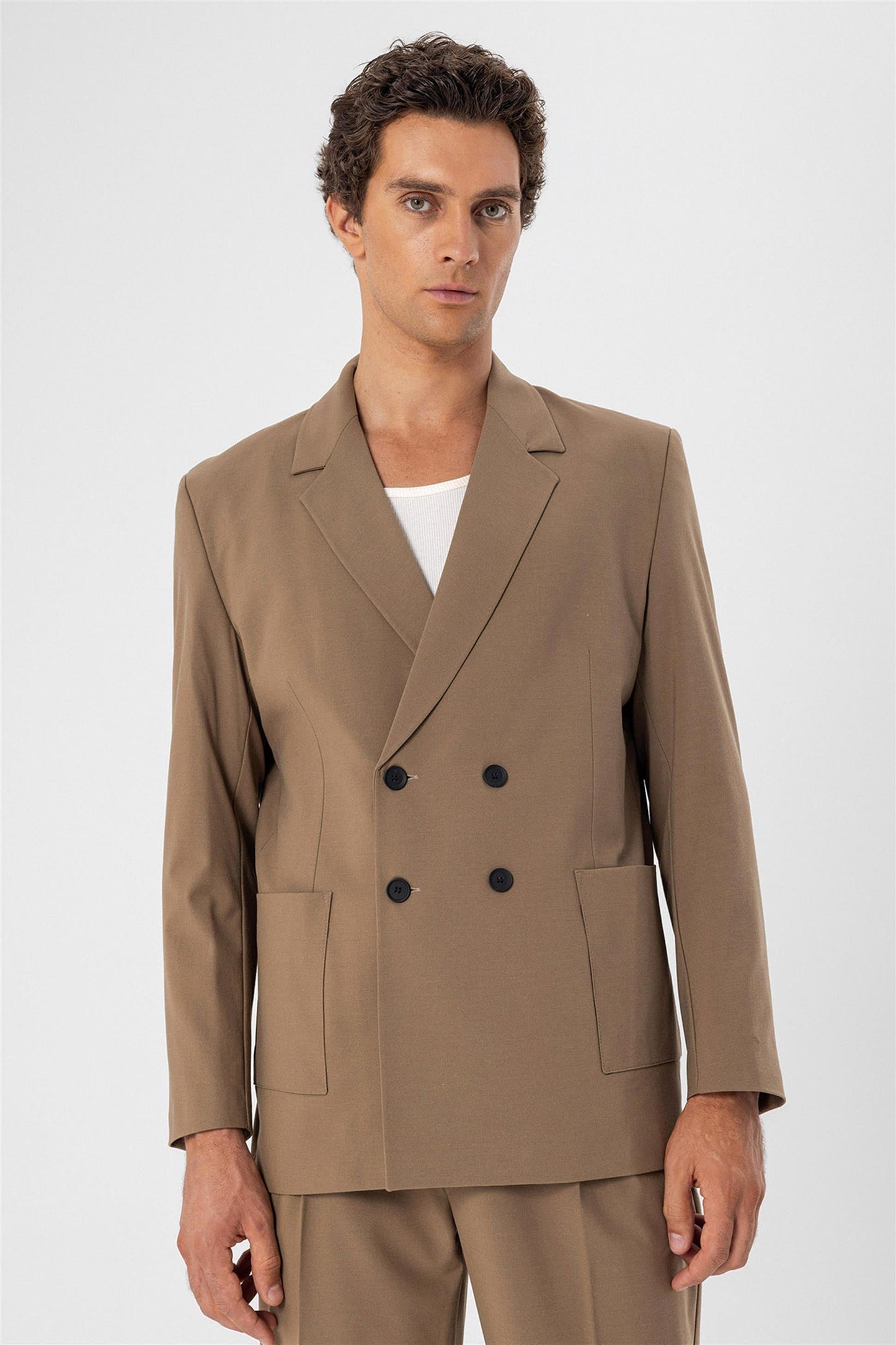 KOALA SYDNEY Men's Camel Double Breasted Blazer Jacket with Bag Pocket