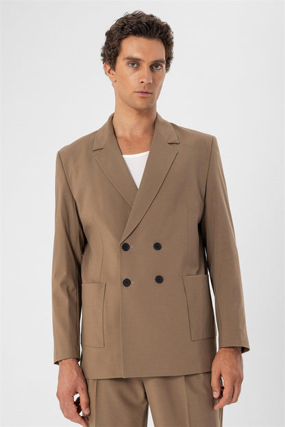 KOALA SYDNEY Men's Camel Double Breasted Blazer Jacket with Bag Pocket