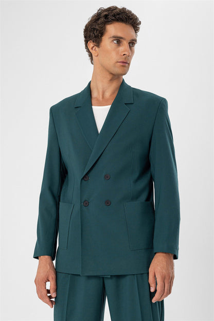 Men's Green Double Breasted Blazer Jacket with Bag Pocket