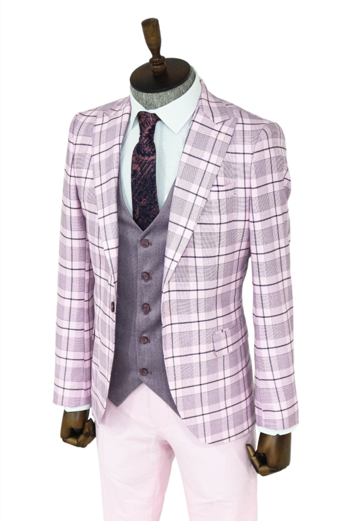 Checked Slim Fit Pink Men Suit and Shirt Combination -