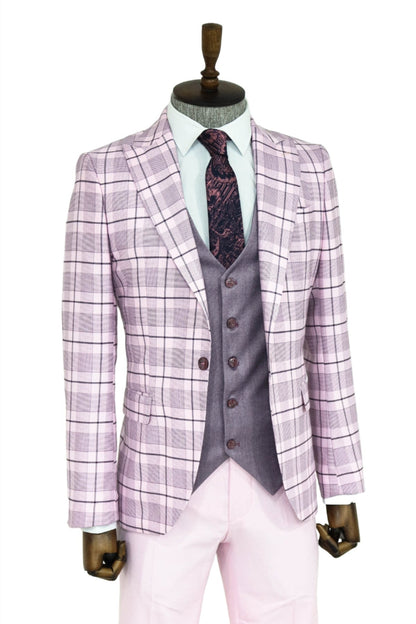 Checked Slim Fit Pink Men Suit and Shirt Combination -