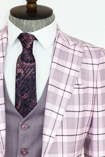 Checked Slim Fit Pink Men Suit and Shirt Combination -