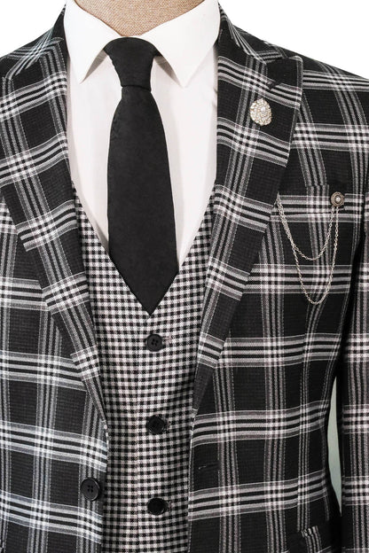 KOALA SYDNEY  Black Plaid Patterned Vest Suit, White Shirt, and Black Tie Combination - Prestigious Business Style -