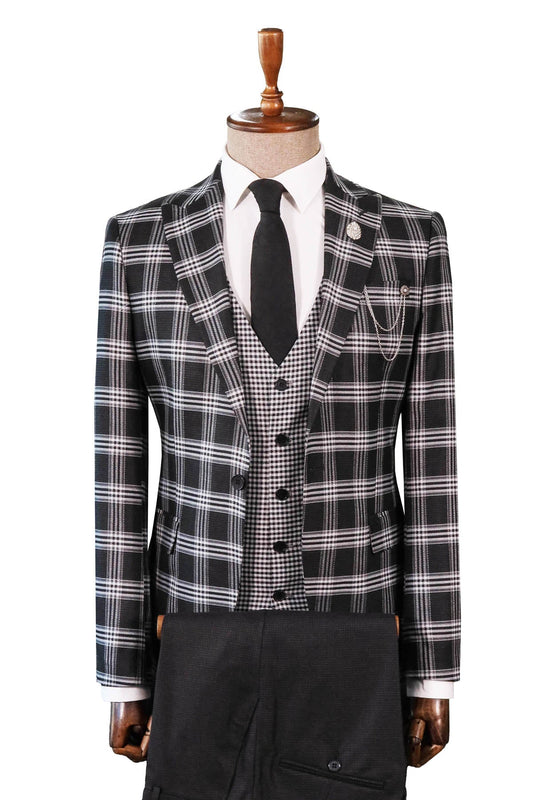 KOALA SYDNEY  Black Plaid Patterned Vest Suit, White Shirt, and Black Tie Combination - Prestigious Business Style -