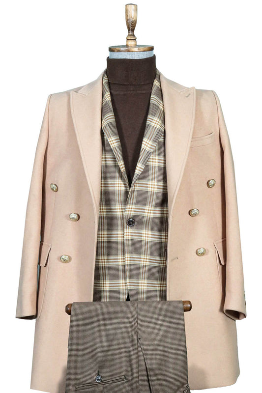 KOALA SYDNEY  Beige Double-Breasted Coat with Brown Suit and Knitwear - Winter Business Look -