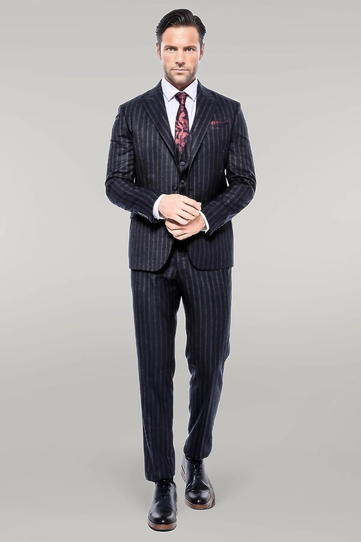 KOALA SYDNEY  Navy Blue Striped Men's Vested Slim-Fit Suit -