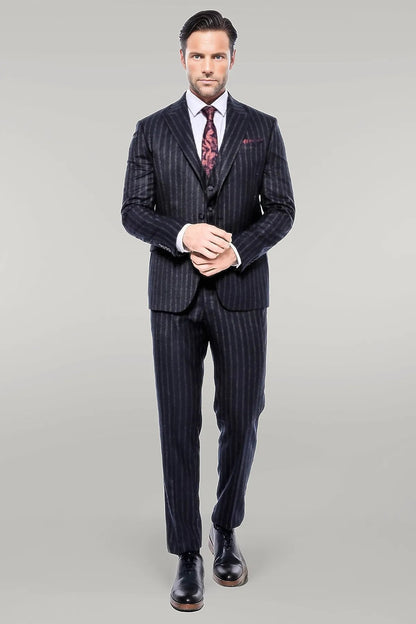 KOALA SYDNEY  Navy Blue Striped Men's Vested Slim-Fit Suit -