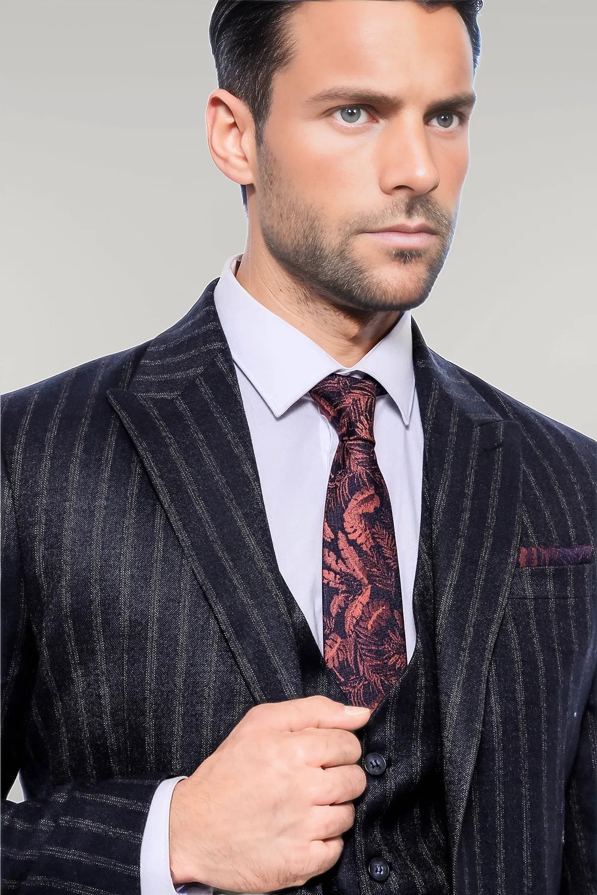 KOALA SYDNEY  Navy Blue Striped Men's Vested Slim-Fit Suit -