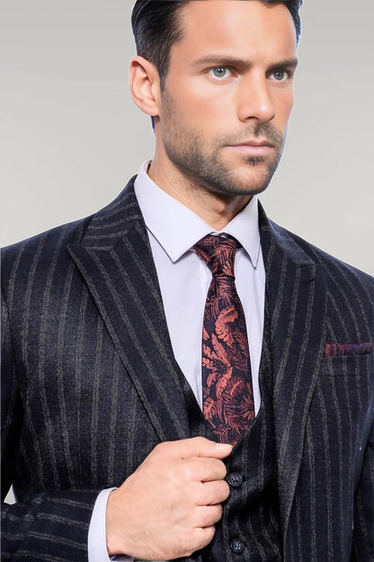 KOALA SYDNEY  Navy Blue Striped Men's Vested Slim-Fit Suit -