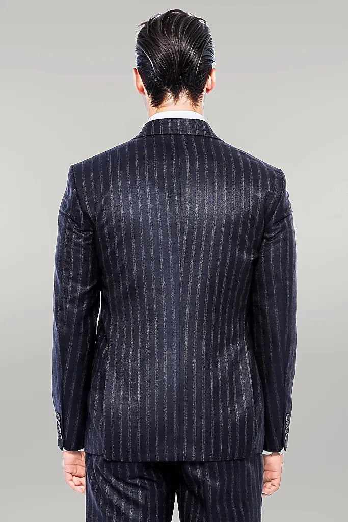 KOALA SYDNEY  Navy Blue Striped Men's Vested Slim-Fit Suit -