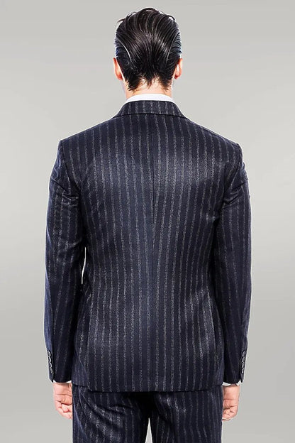 KOALA SYDNEY  Navy Blue Striped Men's Vested Slim-Fit Suit -